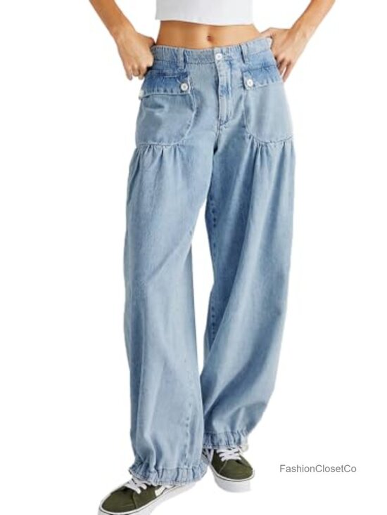Denim - Wide Leg Baggy Denim Jeans Mid Rise Lotus Elastic Hem